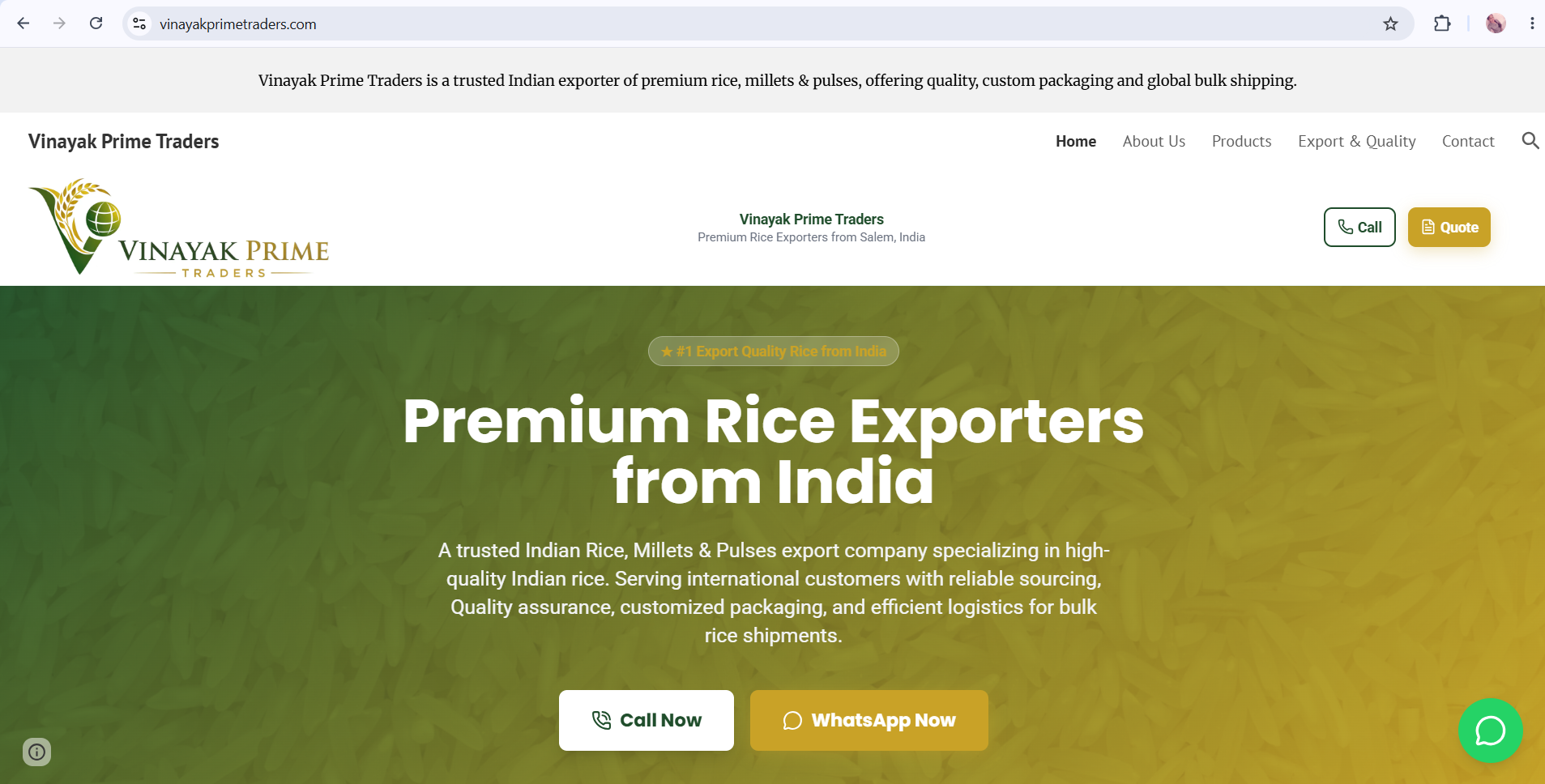 Exports website — vinayakprimetraders.com