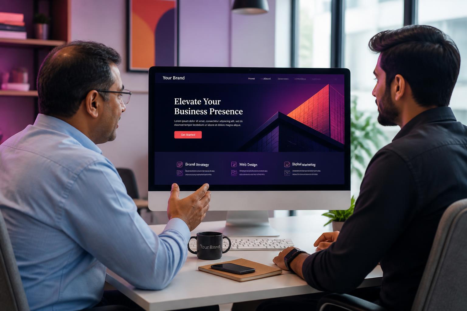 A business owner and a digital professional reviewing a website design together